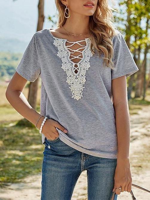 Loose Lace Cross V Neck Pullover T-Shirt - T-Shirts - INS | Online Fashion Free Shipping Clothing, Dresses, Tops, Shoes - 13/04/2021 - Casual - Color_Dark Gray