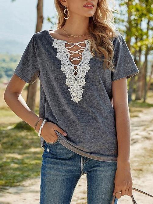 Loose Lace Cross V Neck Pullover T-Shirt - T-Shirts - INS | Online Fashion Free Shipping Clothing, Dresses, Tops, Shoes - 13/04/2021 - Casual - Color_Dark Gray
