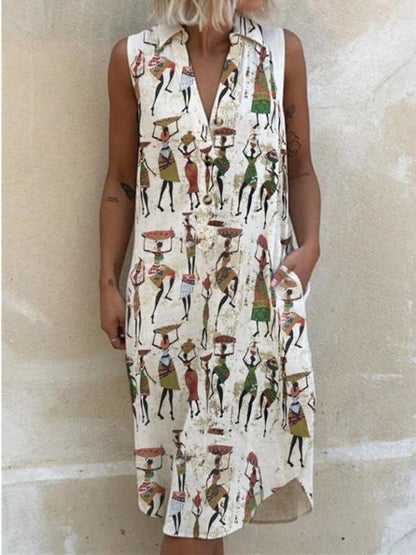 Loose Lapel Printed Sleeveless Dress - Midi Dresses - INS | Online Fashion Free Shipping Clothing, Dresses, Tops, Shoes - 20-30 - 25/06/2021 - Category_Mini Dresses