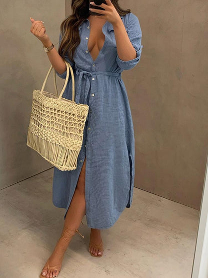 Loose Large Size Deep V Button Shirt Dress - Midi Dresses - MsDressly | Online Fashion Free Shipping Clothing, Dresses, Tops, Shoes - 24/05/ - Color_Apricot - Color_Army Green