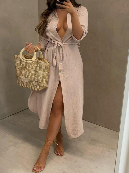 Loose Large Size Deep V Button Shirt Dress - Midi Dresses - MsDressly | Online Fashion Free Shipping Clothing, Dresses, Tops, Shoes - 24/05/ - Color_Apricot - Color_Army Green