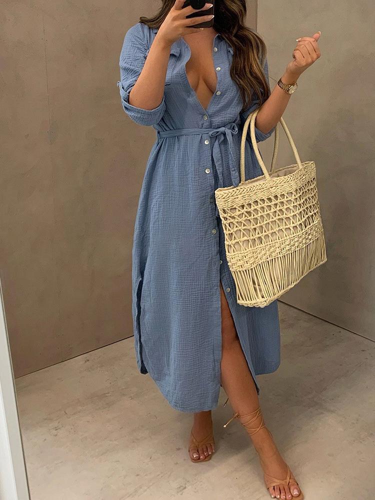 Loose Large Size Deep V Button Shirt Dress - Midi Dresses - MsDressly | Online Fashion Free Shipping Clothing, Dresses, Tops, Shoes - 24/05/ - Color_Apricot - Color_Army Green