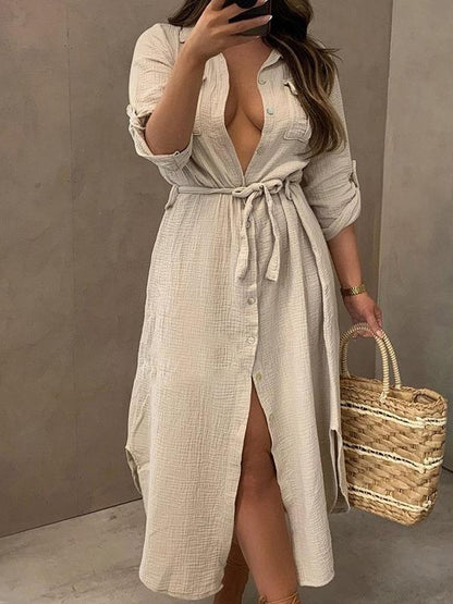 Loose Large Size Deep V Button Shirt Dress - Midi Dresses - MsDressly | Online Fashion Free Shipping Clothing, Dresses, Tops, Shoes - 24/05/ - Color_Apricot - Color_Army Green