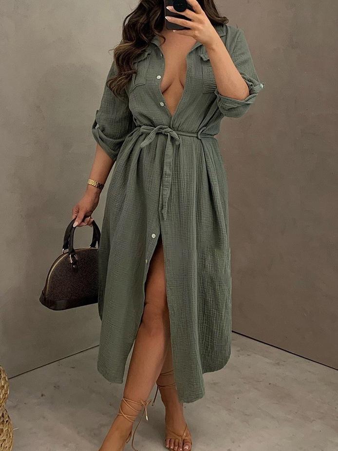 Loose Large Size Deep V Button Shirt Dress - Midi Dresses - MsDressly | Online Fashion Free Shipping Clothing, Dresses, Tops, Shoes - 24/05/ - Color_Apricot - Color_Army Green