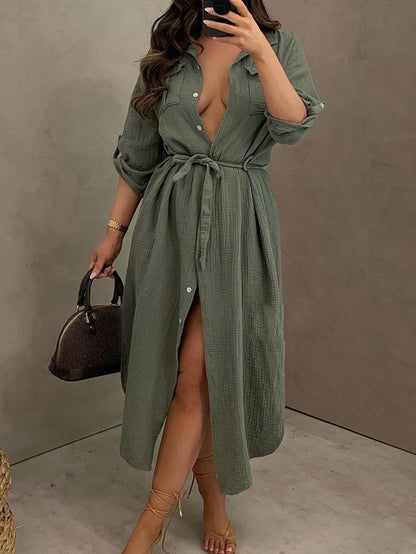 Loose Large Size Deep V Button Shirt Dress - Midi Dresses - MsDressly | Online Fashion Free Shipping Clothing, Dresses, Tops, Shoes - 24/05/ - Color_Apricot - Color_Army Green