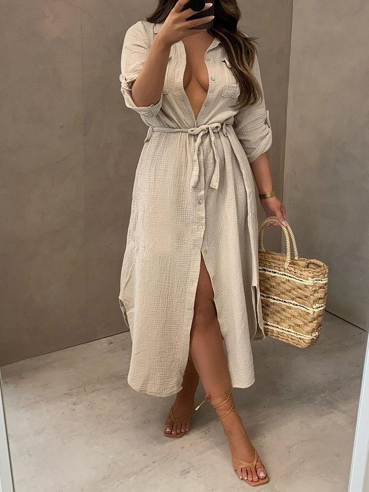 Loose Large Size Deep V Button Shirt Dress - Midi Dresses - MsDressly | Online Fashion Free Shipping Clothing, Dresses, Tops, Shoes - 24/05/ - Color_Apricot - Color_Army Green