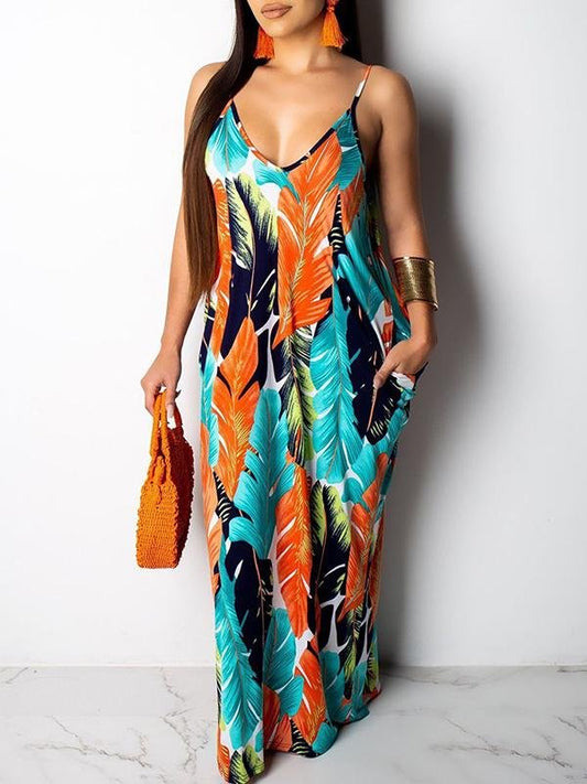 Loose Leaf Print Cotton Suspender Maxi Dress - Maxi Dresses - INS | Online Fashion Free Shipping Clothing, Dresses, Tops, Shoes - 14/04/2021 - Color_Blue - DRE210414781