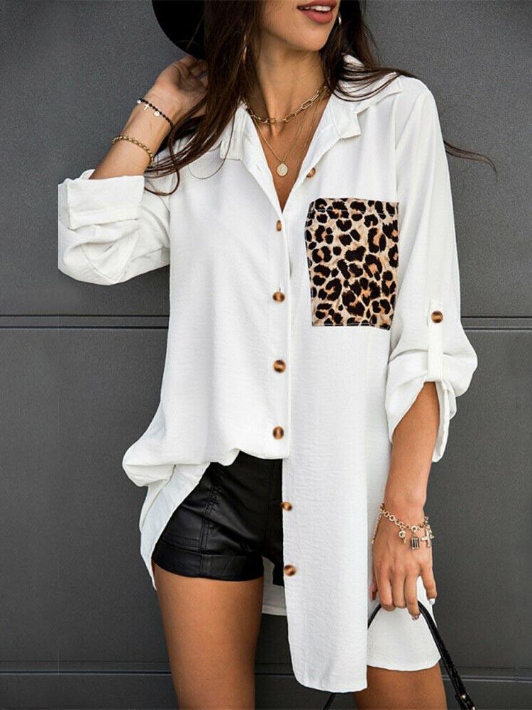 Loose Leopard Print Pocket Stitching Rolled Sleeve Shirt Casual - Blouses - INS | Online Fashion Free Shipping Clothing, Dresses, Tops, Shoes - 20-30 - 27/07/2021 - BLO2107271278