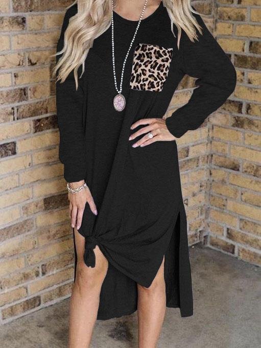 Loose Leopard Print Pocket Stitching Split Long Sleeve Dress - Midi Dresses - INS | Online Fashion Free Shipping Clothing, Dresses, Tops, Shoes - 12/07/2021 - 20-30 - Category_Midi Dresses