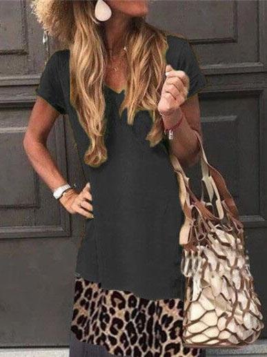 Loose Leopard Print Stitching Short Sleeve Printed V-neck Dress - Maxi Dresses - INS | Online Fashion Free Shipping Clothing, Dresses, Tops, Shoes - 02/06/2021 - Category_Maxi Dresses - Color_Black