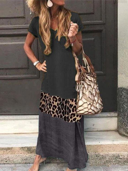 Loose Leopard Print Stitching Short Sleeve Printed V-neck Dress - Maxi Dresses - INS | Online Fashion Free Shipping Clothing, Dresses, Tops, Shoes - 02/06/2021 - Category_Maxi Dresses - Color_Black