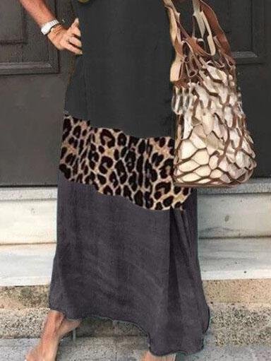 Loose Leopard Print Stitching Short Sleeve Printed V-neck Dress - Maxi Dresses - INS | Online Fashion Free Shipping Clothing, Dresses, Tops, Shoes - 02/06/2021 - Category_Maxi Dresses - Color_Black