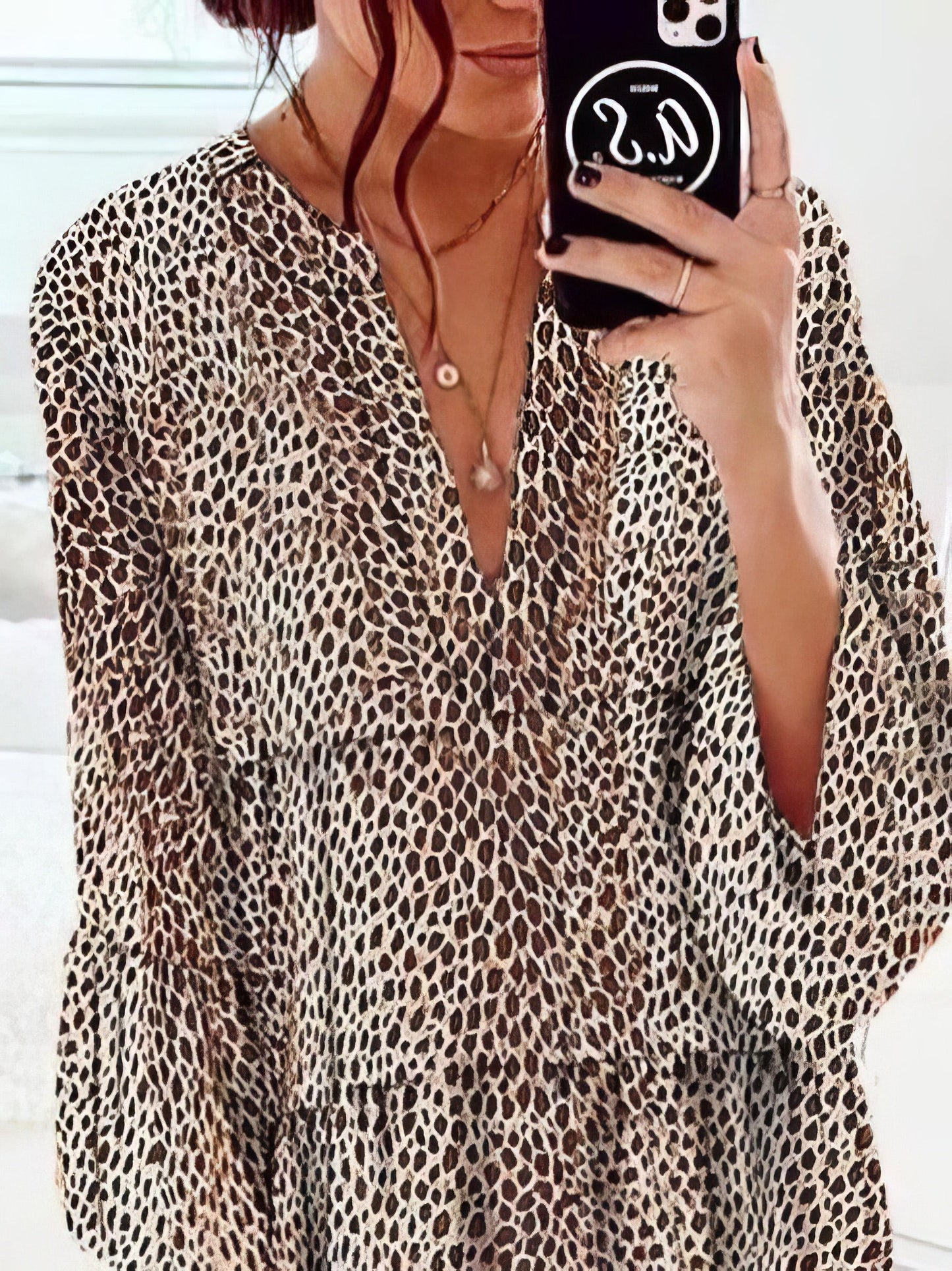 Mini Dresses - Loose Leopard Print V-neck Dress - MsDressly