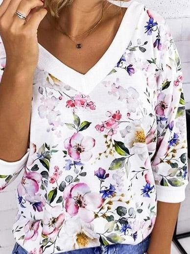 Loose Long Sleeve Floral Print T-Shirts - T-Shirts - INS | Online Fashion Free Shipping Clothing, Dresses, Tops, Shoes - 20-30 - 26/07/2021 - Category_T-Shirts