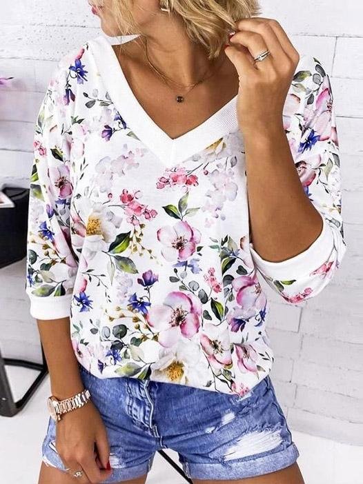 Loose Long Sleeve Floral Print T-Shirts - T-Shirts - INS | Online Fashion Free Shipping Clothing, Dresses, Tops, Shoes - 20-30 - 26/07/2021 - Category_T-Shirts