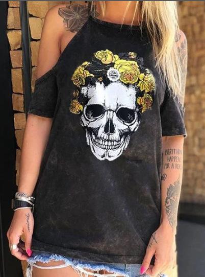 Loose Off-the-shoulder Skull Print T-shirt - T-shirts - INS | Online Fashion Free Shipping Clothing, Dresses, Tops, Shoes - 10-20 - 27/07/2021 - color-navy_gray