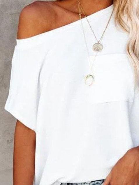 Loose Pocket Solid Off-shoulder T-shirt - T-shirts - INS | Online Fashion Free Shipping Clothing, Dresses, Tops, Shoes - 20-30 - 28/06/2021 - color-white