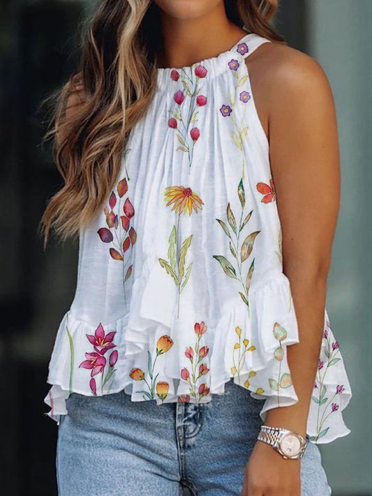Loose Print Ruffled Sleeveless Casual Tank Tops - Tank Tops - INS | Online Fashion Free Shipping Clothing, Dresses, Tops, Shoes - 11/06/2021 - Category_Tank Tops - Color_White