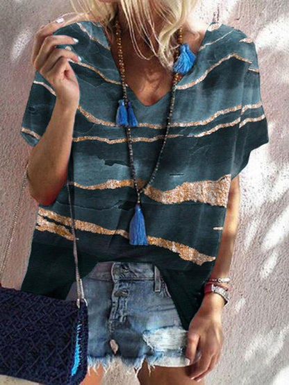 Loose Print Short Sleeve V Neck T-shirt - T-shirts - INS | Online Fashion Free Shipping Clothing, Dresses, Tops, Shoes - 03/07/2021 - 10-20 - color-blue