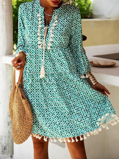 Loose Printed 3/4 Sleeve Fringed V-Neck Dress - Mini Dresses - INS | Online Fashion Free Shipping Clothing, Dresses, Tops, Shoes - 26/07/2021 - 40-50 - Category_Mini Dresses