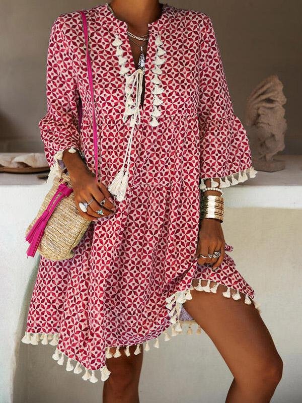 Loose Printed 3/4 Sleeve Fringed V-Neck Dress - Mini Dresses - INS | Online Fashion Free Shipping Clothing, Dresses, Tops, Shoes - 26/07/2021 - 40-50 - Category_Mini Dresses