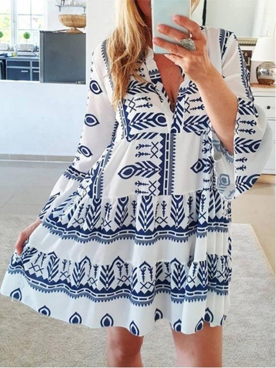 Loose Printed Long Sleeve V-Neck Dress - Mini Dresses - INS | Online Fashion Free Shipping Clothing, Dresses, Tops, Shoes - 15/06/2021 - Category_Mini Dresses - Color_Blue
