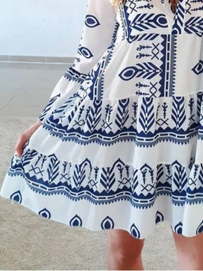 Loose Printed Long Sleeve V-Neck Dress - Mini Dresses - INS | Online Fashion Free Shipping Clothing, Dresses, Tops, Shoes - 15/06/2021 - Category_Mini Dresses - Color_Blue