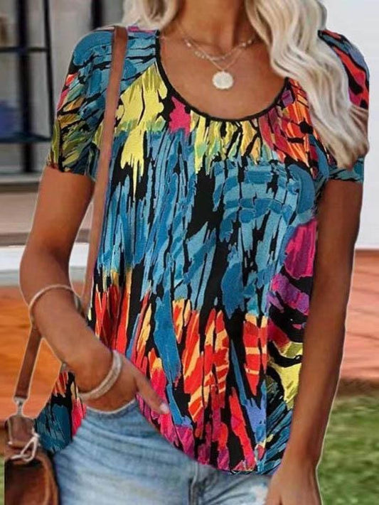 Loose Printed Round Neck Short-sleeved T-shirt - MsDressly