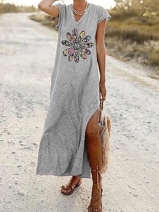 Loose Printed Short Sleeve Split Dress - Maxi Dresses - INS | Online Fashion Free Shipping Clothing, Dresses, Tops, Shoes - 21/06/2021 - 30-40 - Category_Maxi Dresses