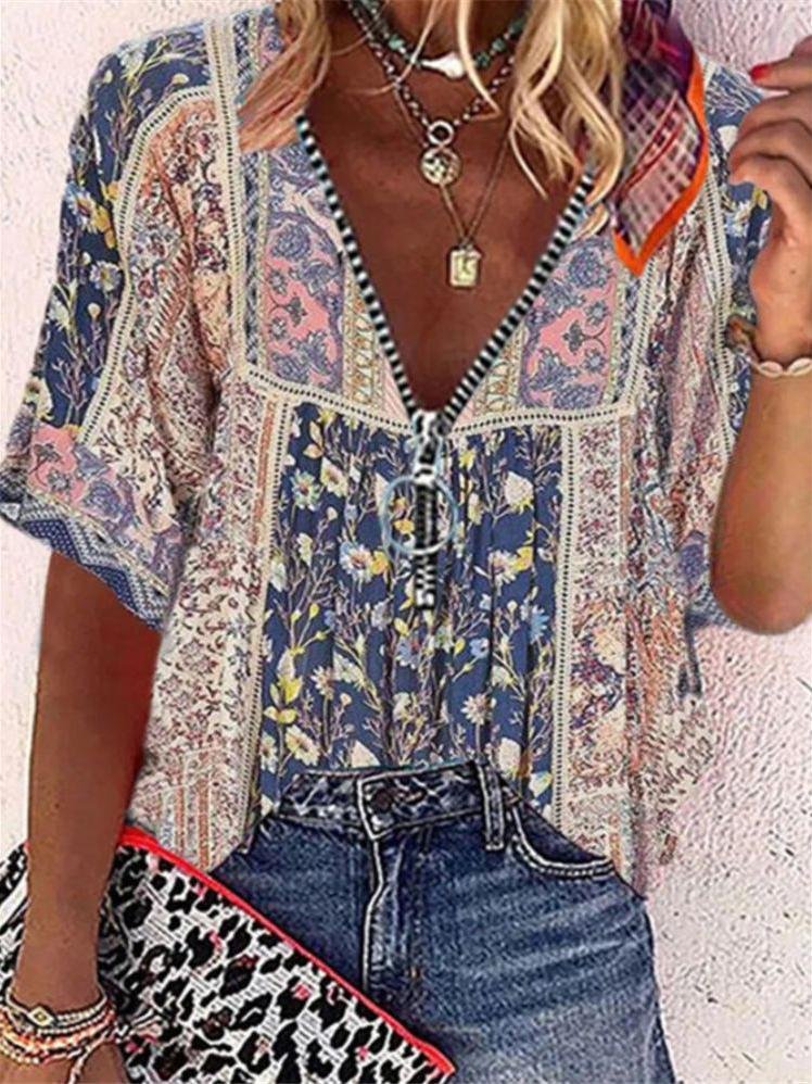Loose Printed Short Sleeve V-Neck Zip T-Shirt - T-Shirts - INS | Online Fashion Free Shipping Clothing, Dresses, Tops, Shoes - 07/07/2021 - 10-20 - Category_T-Shirts