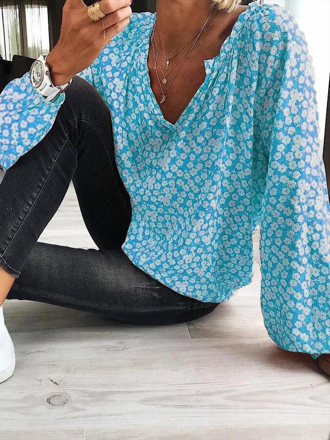 Loose Printed V-Neck Long Sleeve Blouses - Blouses - INS | Online Fashion Free Shipping Clothing, Dresses, Tops, Shoes - 09/07/2021 - 10-20 - BLO2107091181