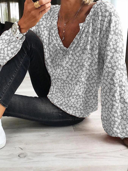Loose Printed V-Neck Long Sleeve Blouses - Blouses - INS | Online Fashion Free Shipping Clothing, Dresses, Tops, Shoes - 09/07/2021 - 10-20 - BLO2107091181