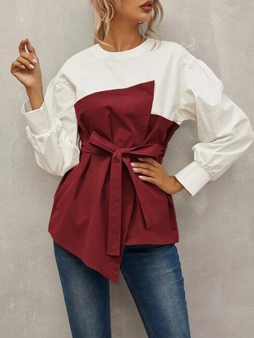 Loose Pullover Lantern Sleeve Shirt With Belt - Blouses - INS | Online Fashion Free Shipping Clothing, Dresses, Tops, Shoes - 09/07/2021 - 20-30 - BLO2107091182