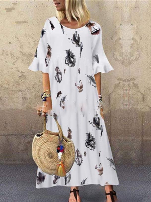 Loose Retro Feather Print Round Neck Short Sleeve Dress - Maxi Dresses - INS | Online Fashion Free Shipping Clothing, Dresses, Tops, Shoes - 07/07/2021 - 20-30 - Category_Maxi Dresses