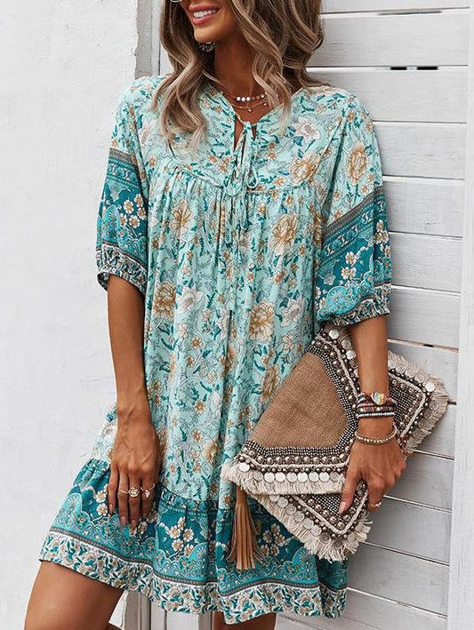 Loose Retro Floral Print Tie Dress - Mini Dresses - INS | Online Fashion Free Shipping Clothing, Dresses, Tops, Shoes - 22/05/2021 - Color_Blue - Color_Dark Blue