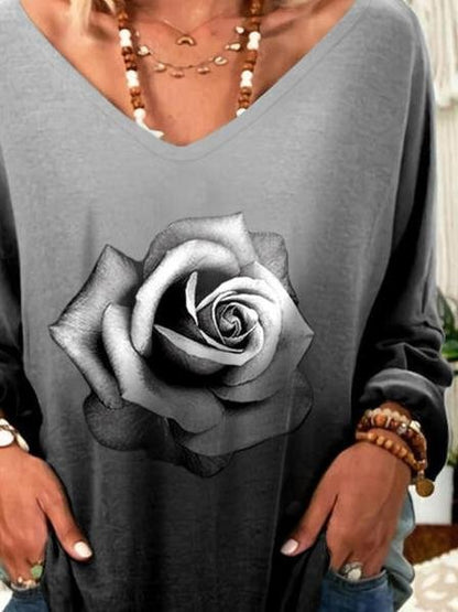 Loose Rose Print V-Neck Long Sleeve T-Shirt - T-Shirts - INS | Online Fashion Free Shipping Clothing, Dresses, Tops, Shoes - 20-30 - 28/06/2021 - Category_T-Shirts