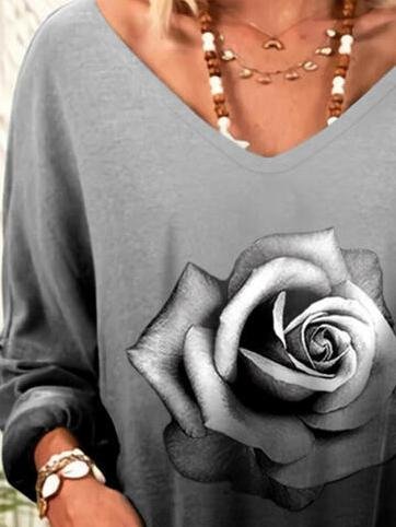 Loose Rose Print V-Neck Long Sleeve T-Shirt - T-Shirts - INS | Online Fashion Free Shipping Clothing, Dresses, Tops, Shoes - 20-30 - 28/06/2021 - Category_T-Shirts