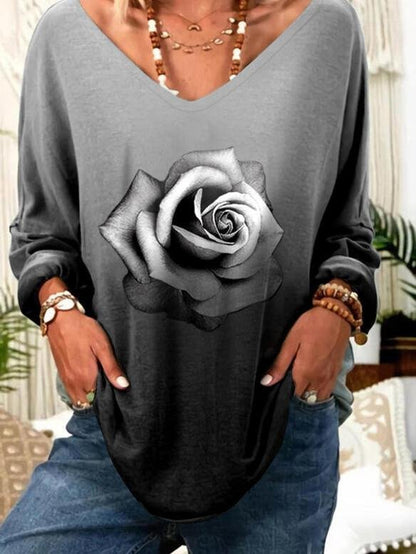 Loose Rose Print V-Neck Long Sleeve T-Shirt - T-Shirts - INS | Online Fashion Free Shipping Clothing, Dresses, Tops, Shoes - 20-30 - 28/06/2021 - Category_T-Shirts