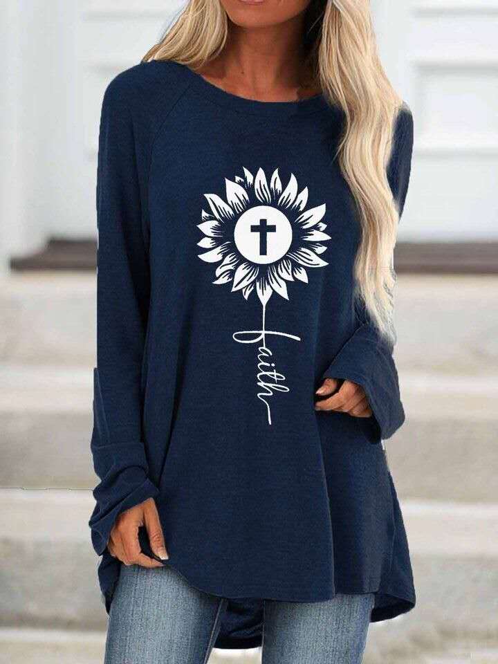 Loose Round Neck Cross Print Long Sleeve T-Shirt - T-Shirts - INS | Online Fashion Free Shipping Clothing, Dresses, Tops, Shoes - 10-20 - 30/06/2021 - Category_T-Shirts