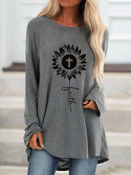 Loose Round Neck Cross Print Long Sleeve T-Shirt - T-Shirts - INS | Online Fashion Free Shipping Clothing, Dresses, Tops, Shoes - 10-20 - 30/06/2021 - Category_T-Shirts