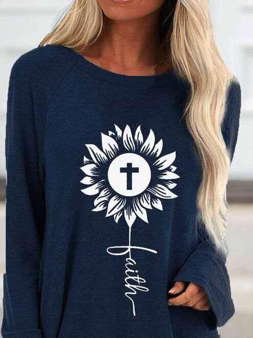 Loose Round Neck Cross Print Long Sleeve T-Shirt - T-Shirts - INS | Online Fashion Free Shipping Clothing, Dresses, Tops, Shoes - 10-20 - 30/06/2021 - Category_T-Shirts