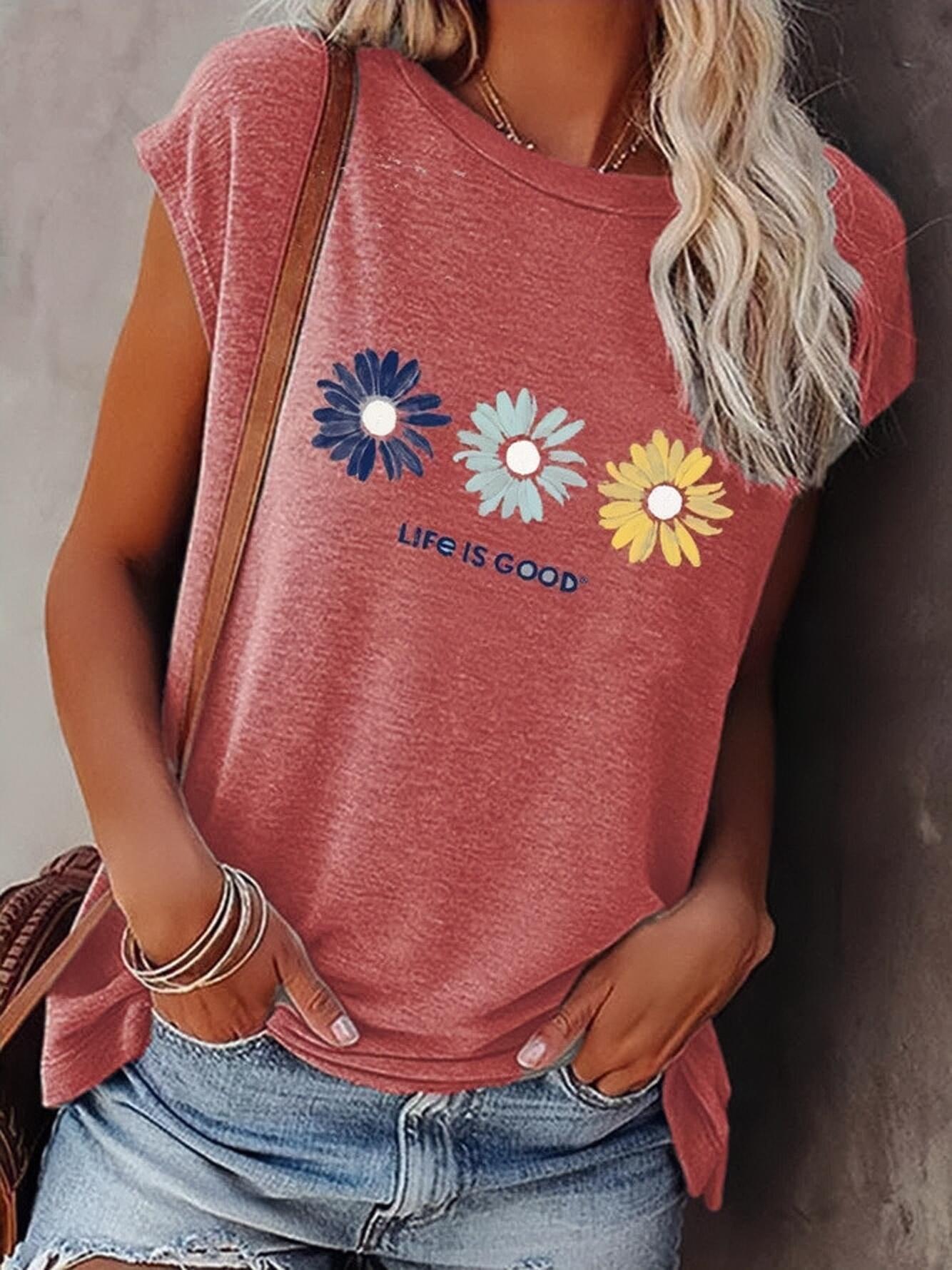 Loose Round Neck Floral Print Short Sleeve T-Shirt - T-Shirts - INS | Online Fashion Free Shipping Clothing, Dresses, Tops, Shoes - 10-20 - 22/06/2021 - Category_T-Shirts