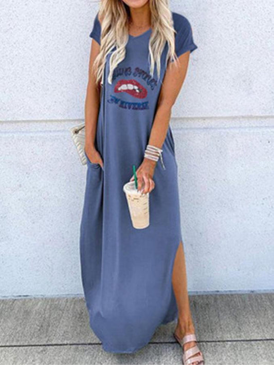Loose Round Neck Short Sleeve Printed Long Dress - Maxi Dresses - INS | Online Fashion Free Shipping Clothing, Dresses, Tops, Shoes - 24/05/2021 - Color_Black - Color_Blue