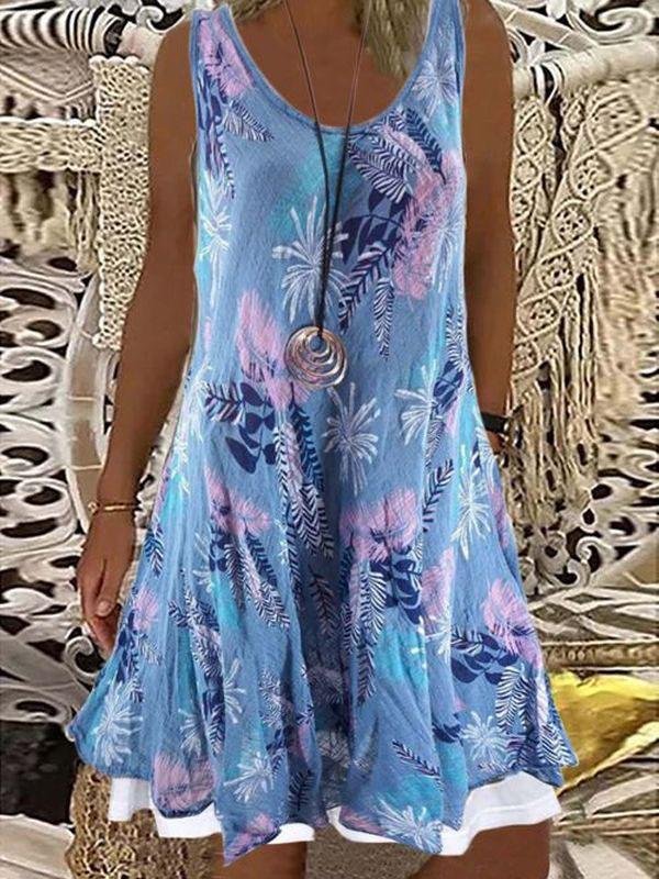 Loose Round Neck Sleeveless Printed Fake Two-Piece Dress - Mini Dresses - INS | Online Fashion Free Shipping Clothing, Dresses, Tops, Shoes - 15/07/2021 - 20-30 - Category_Mini Dresses