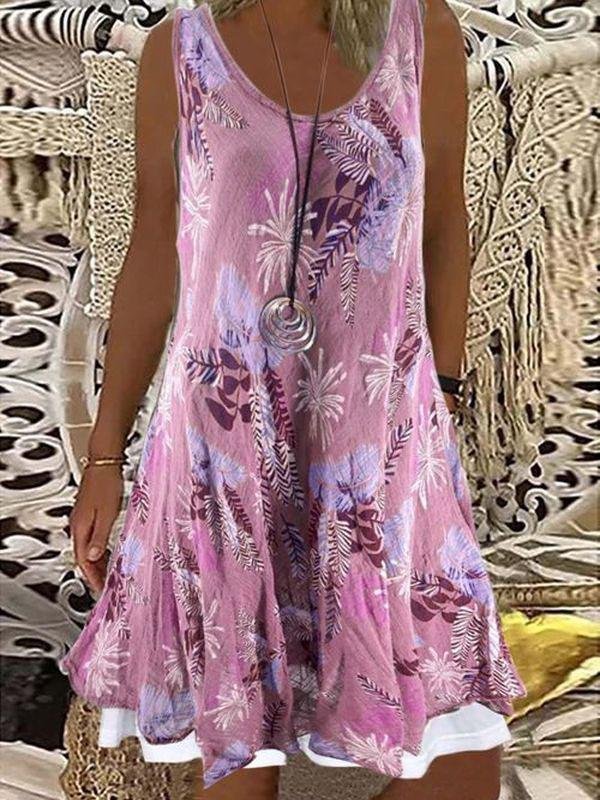 Loose Round Neck Sleeveless Printed Fake Two-Piece Dress - Mini Dresses - INS | Online Fashion Free Shipping Clothing, Dresses, Tops, Shoes - 15/07/2021 - 20-30 - Category_Mini Dresses