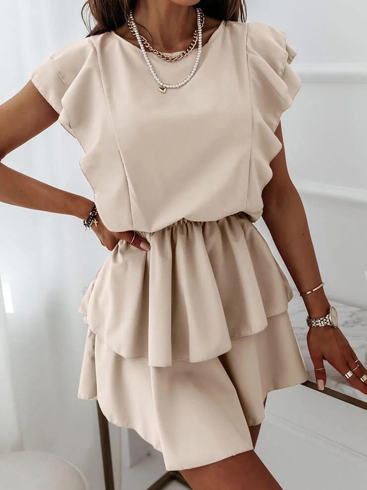 Loose Ruffled Short-sleeved Solid Dress - Mini Dresses - INS | Online Fashion Free Shipping Clothing, Dresses, Tops, Shoes - 20-30 - 21/06/2021 - color-khaki