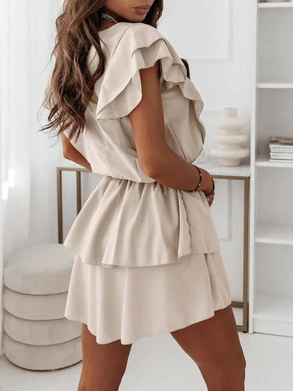 Loose Ruffled Short-sleeved Solid Dress - Mini Dresses - INS | Online Fashion Free Shipping Clothing, Dresses, Tops, Shoes - 20-30 - 21/06/2021 - color-khaki