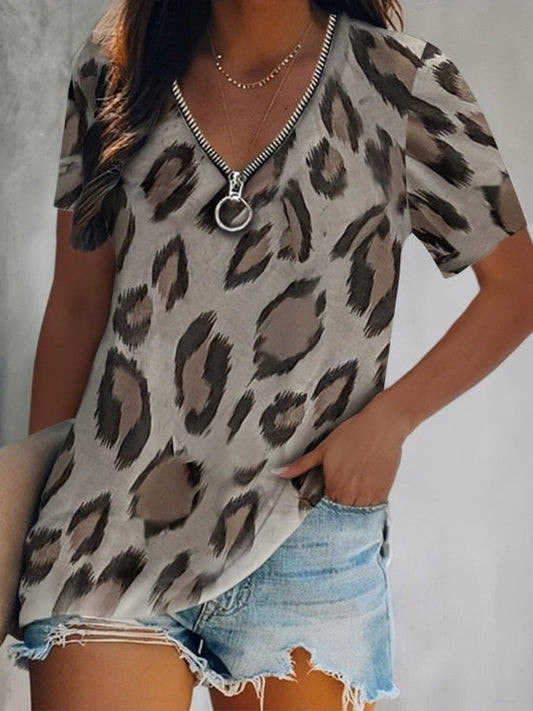 Loose Short Sleeve Leopard Print V-Neck Zipper T-Shirts - T-Shirts - INS | Online Fashion Free Shipping Clothing, Dresses, Tops, Shoes - 20-30 - 26/07/2021 - Category_T-Shirts