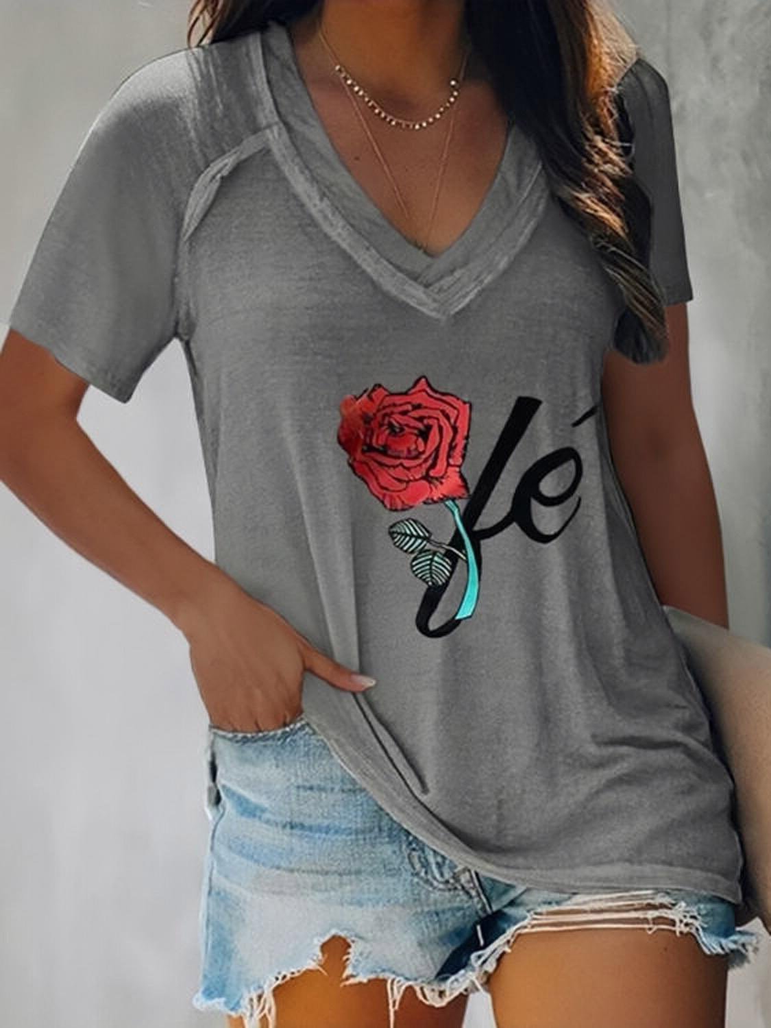 Loose Short Sleeve Rose Print T-Shirts - T-Shirts - INS | Online Fashion Free Shipping Clothing, Dresses, Tops, Shoes - 20-30 - 26/07/2021 - Category_T-Shirts