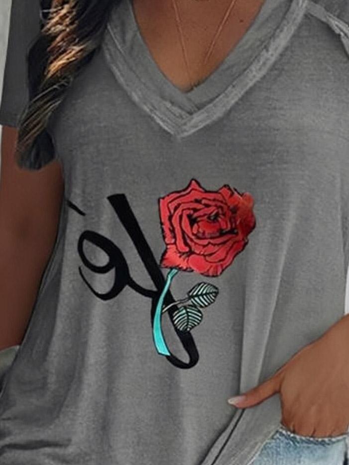 Loose Short Sleeve Rose Print T-Shirts - T-Shirts - INS | Online Fashion Free Shipping Clothing, Dresses, Tops, Shoes - 20-30 - 26/07/2021 - Category_T-Shirts